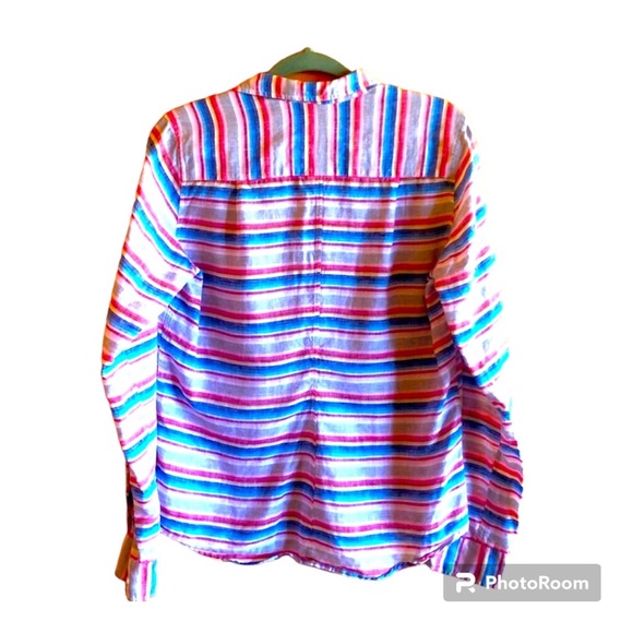 Frank & Eileen Oversized Linen Rainbow Striped Button Down Long Sleeved Shirt - Picture 3 of 5